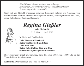 Traueranzeige von Regina Gießler von Ostthüringer Zeitung