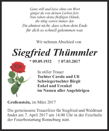 Traueranzeige von Siegfried Thümmler von Ostthüringer Zeitung