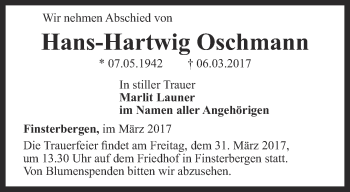 Traueranzeige von Hans-Hartwig Oschmann von Ostthüringer Zeitung, Thüringische Landeszeitung