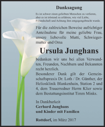 Traueranzeige von Ursula Junghans von Thüringer Allgemeine, Thüringische Landeszeitung