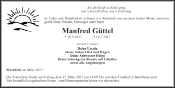 Traueranzeige von Manfred Güttel von Thüringer Allgemeine, Thüringische Landeszeitung