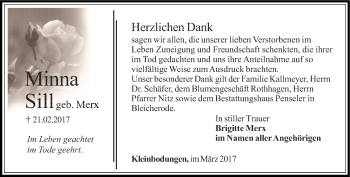 Traueranzeige von Minna Sill von Thüringer Allgemeine