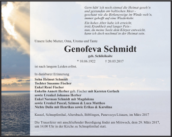 Traueranzeige von Genofeva Schmidt von Ostthüringer Zeitung, Thüringische Landeszeitung