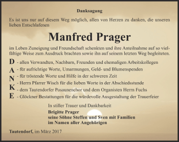 Traueranzeige von Manfred Prager von Ostthüringer Zeitung