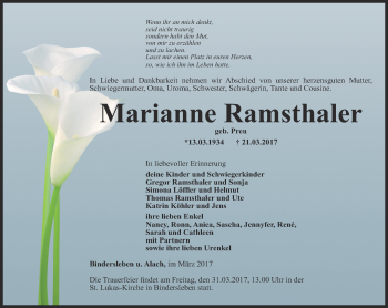 Traueranzeige von Marianne Ramsthaler von Thüringer Allgemeine, Thüringische Landeszeitung