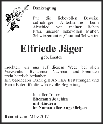 Traueranzeige von Elfriede Jäger von Ostthüringer Zeitung