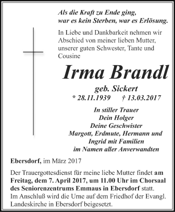 Traueranzeige von Irma Brandl von Ostthüringer Zeitung