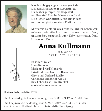 Traueranzeige von Anna Kullmann von Thüringer Allgemeine