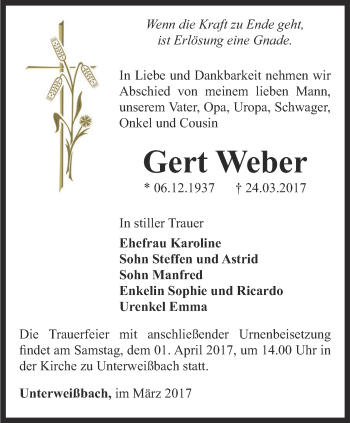 Traueranzeige von Gert Weber von Ostthüringer Zeitung