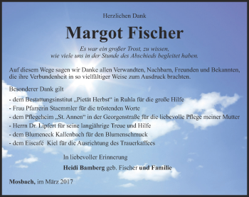 Traueranzeige von Margot Fischer von Thüringer Allgemeine, Thüringische Landeszeitung