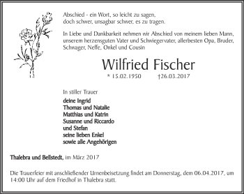 Traueranzeige von Wilfried Fischer von Thüringer Allgemeine