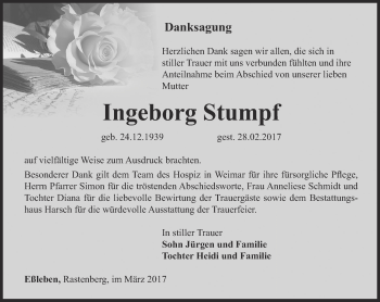 Traueranzeige von Ingeborg Stumpf von Thüringer Allgemeine