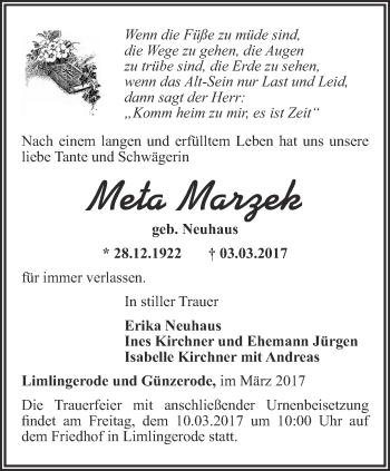 Traueranzeige von Meta Marzek von Thüringer Allgemeine