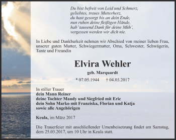 Traueranzeige von Elvira Wehler von Thüringer Allgemeine, Thüringische Landeszeitung