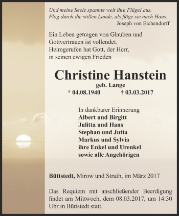 Traueranzeige von Christine Hanstein von Thüringer Allgemeine, Thüringische Landeszeitung