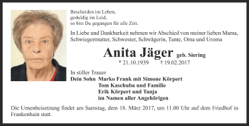 Traueranzeige von Anita Jäger von Thüringer Allgemeine, Thüringische Landeszeitung