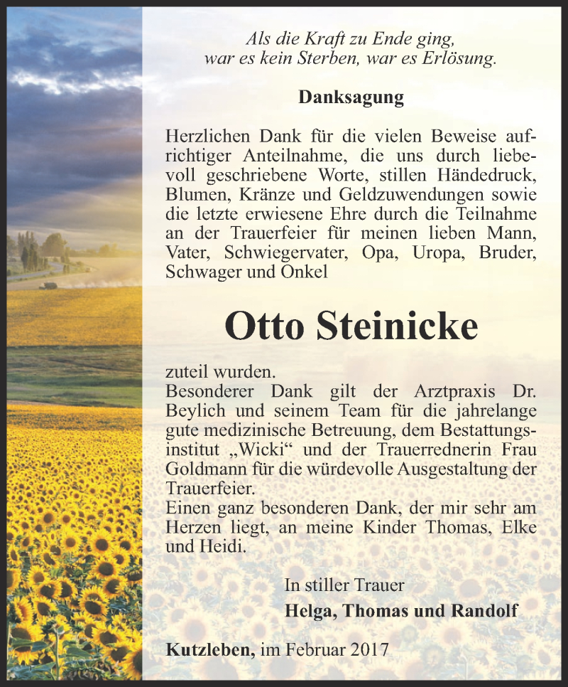  Traueranzeige für Otto Steinicke vom 18.03.2017 aus Thüringer Allgemeine, Thüringische Landeszeitung
