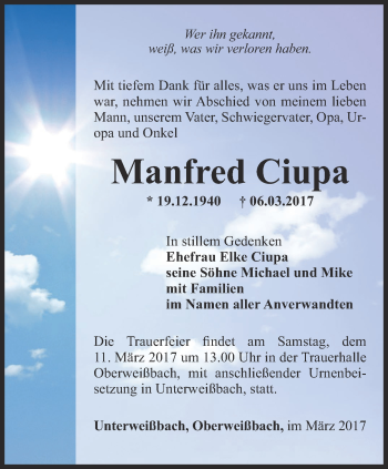 Traueranzeige von Manfred Ciupa von Ostthüringer Zeitung