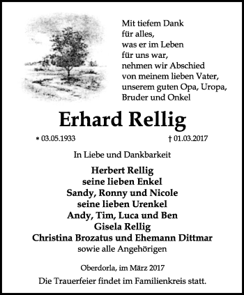 Traueranzeige von Erhard Rellig von Thüringer Allgemeine, Thüringische Landeszeitung