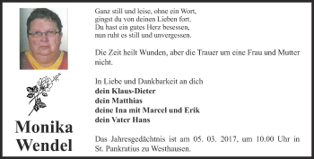 Traueranzeige von Monika Wendel von Thüringer Allgemeine