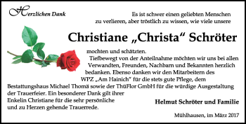 Traueranzeige von Christiane Christa Schröter von Thüringer Allgemeine, Thüringische Landeszeitung