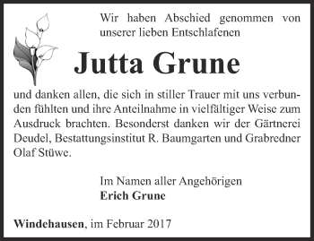 Traueranzeige von Jutta Grune von Thüringer Allgemeine