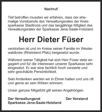 Traueranzeige von Dieter Füser von Ostthüringer Zeitung