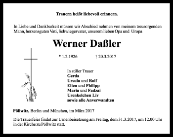 Traueranzeige von Werner Daßler von Ostthüringer Zeitung