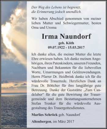 Traueranzeige von Irma Naundorf von Ostthüringer Zeitung, Thüringische Landeszeitung