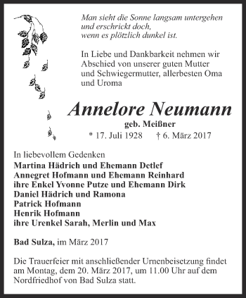 Traueranzeige von Annelore Neumann von Thüringer Allgemeine, Thüringische Landeszeitung