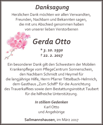 Traueranzeige von Gerda Otto von Thüringer Allgemeine, Thüringische Landeszeitung