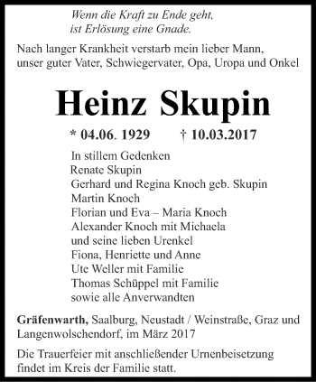 Traueranzeige von Heinz Skupin von Ostthüringer Zeitung