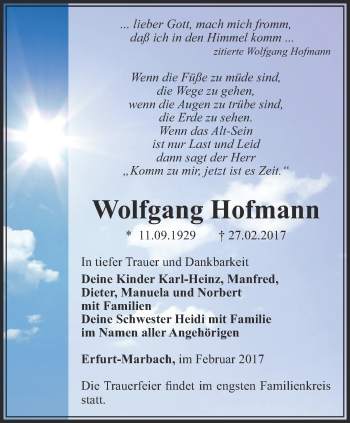 Traueranzeige von Wolfgang Hofmann von Thüringer Allgemeine, Thüringische Landeszeitung