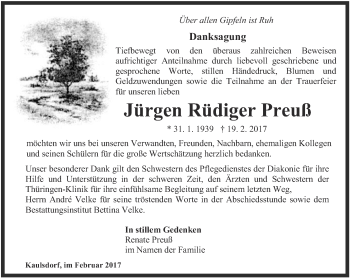 Traueranzeige von Jürgen Rüdiger Preuß von Ostthüringer Zeitung