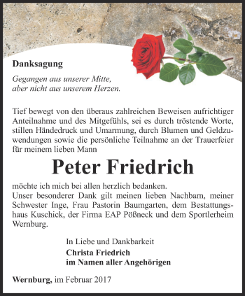 Traueranzeige von Peter Friedrich von Ostthüringer Zeitung