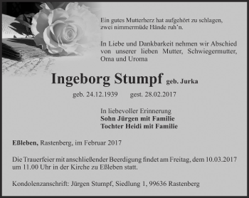 Traueranzeige von Ingeborg Stumpf von Thüringer Allgemeine