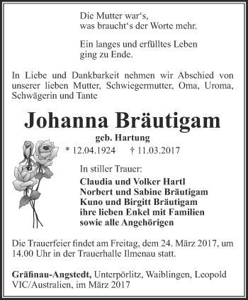 Traueranzeige von Johanna Bräutigam von Thüringer Allgemeine