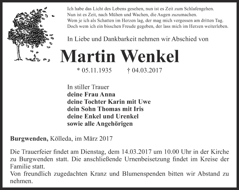  Traueranzeige für Martin Wenkel vom 09.03.2017 aus Thüringer Allgemeine