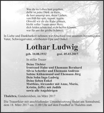 Traueranzeige von Lothar Ludwig von Thüringer Allgemeine