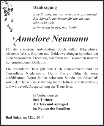 Traueranzeige von Annelore Neumann von Thüringer Allgemeine, Thüringische Landeszeitung