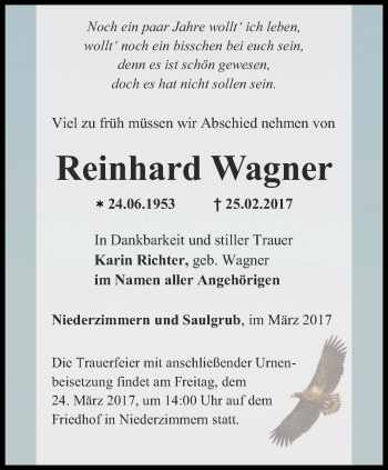 Traueranzeige von Reinhard Wagner von Thüringer Allgemeine, Thüringische Landeszeitung