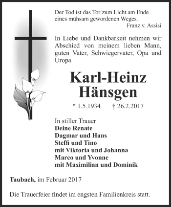 Traueranzeige von Karl-Heinz Hänsgen von Thüringer Allgemeine, Thüringische Landeszeitung