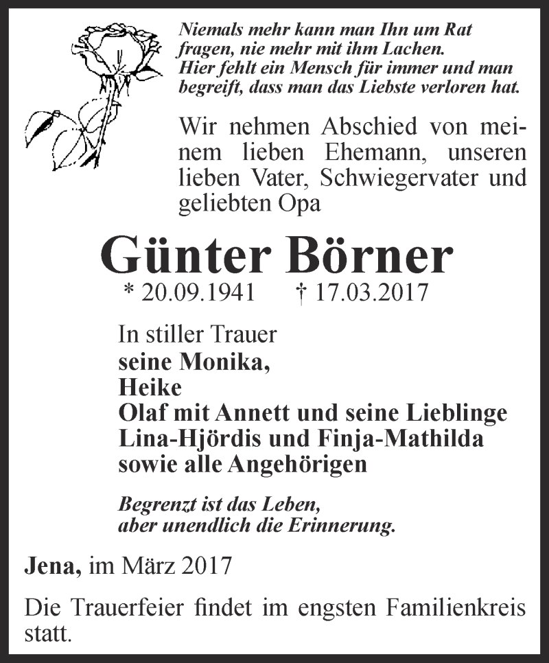  Traueranzeige für Günter Börner vom 25.03.2017 aus Ostthüringer Zeitung, Thüringische Landeszeitung