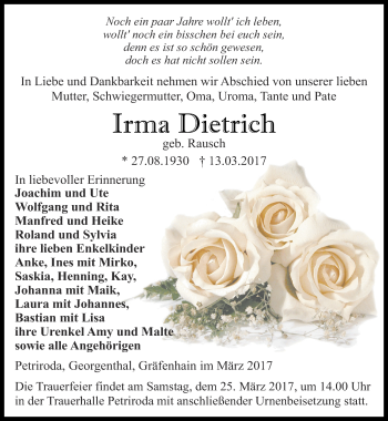 Traueranzeige von Irma Dietrich von Ostthüringer Zeitung, Thüringische Landeszeitung