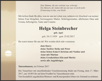 Traueranzeige von Helga Steinbrecher von Thüringer Allgemeine