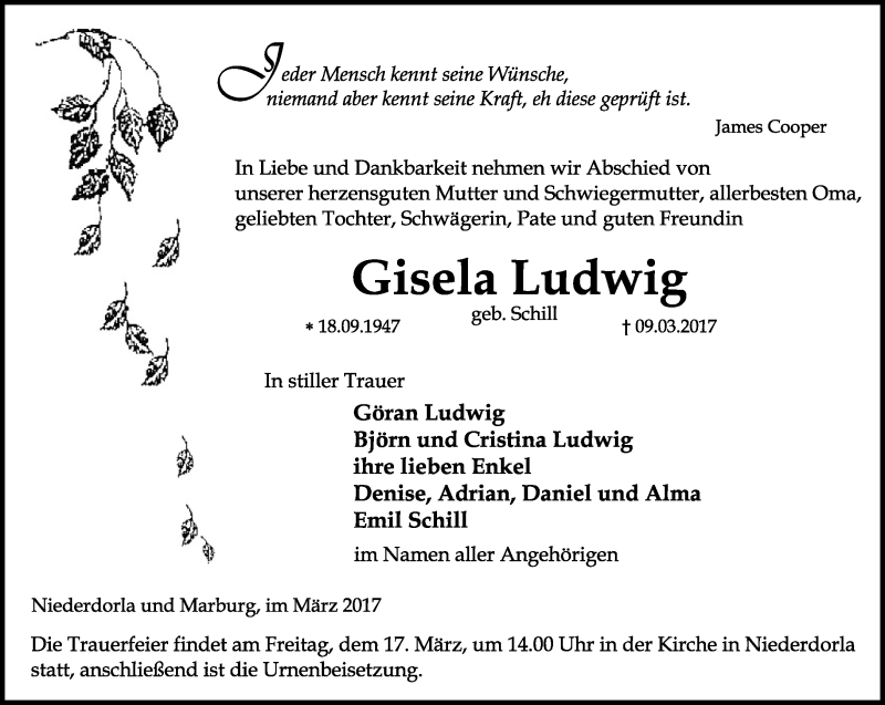 Traueranzeigen Von Gisela Ludwig Trauer In Thueringen De