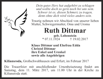 Traueranzeige von Ruth Dittmar von Thüringer Allgemeine, Thüringische Landeszeitung