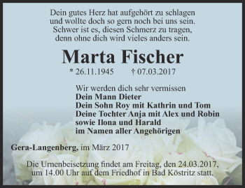 Traueranzeige von Marta Fischer von Ostthüringer Zeitung