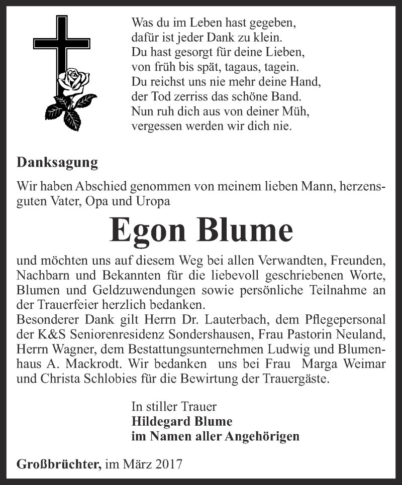 Traueranzeige für Egon Blume vom 03.03.2017 aus Thüringer Allgemeine