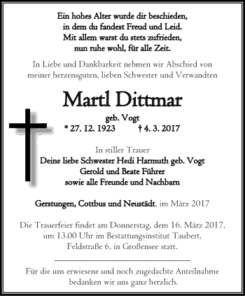 Traueranzeige von Martl Dittmar von Thüringer Allgemeine, Thüringische Landeszeitung